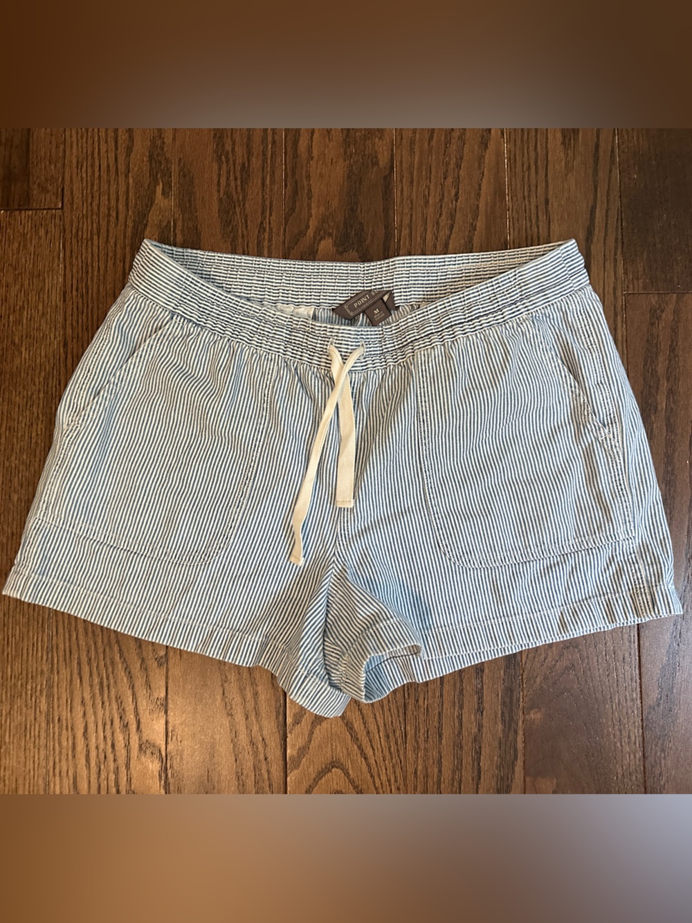 J. Crew Light Blue and White Pinstripe Drawstring Shorts